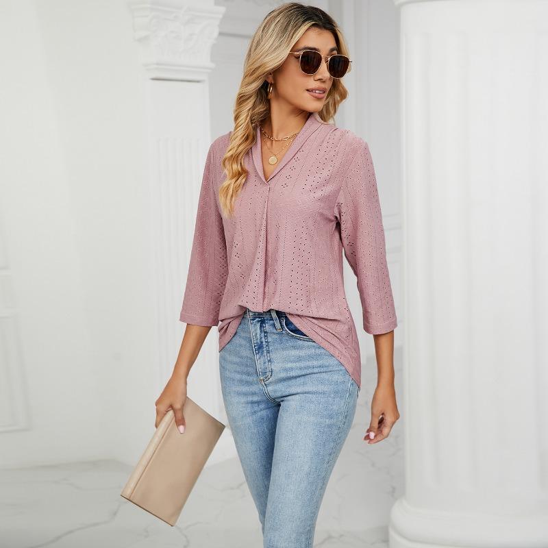 Neue Herbstkleidung für Damen, Jacquard-Oberteile mit V-Ausschnitt, T-Shirts mit mittleren Ärmeln