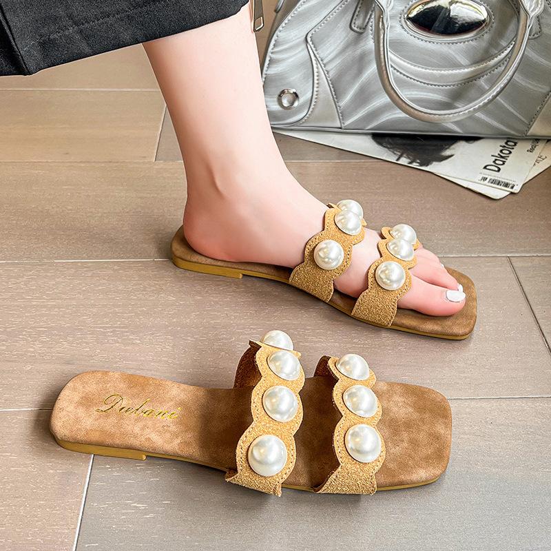 Fairy Cool Slippers Summer Versatile Shoes Pearl Flat-bottomed One-line Beach Large-sized Slippers