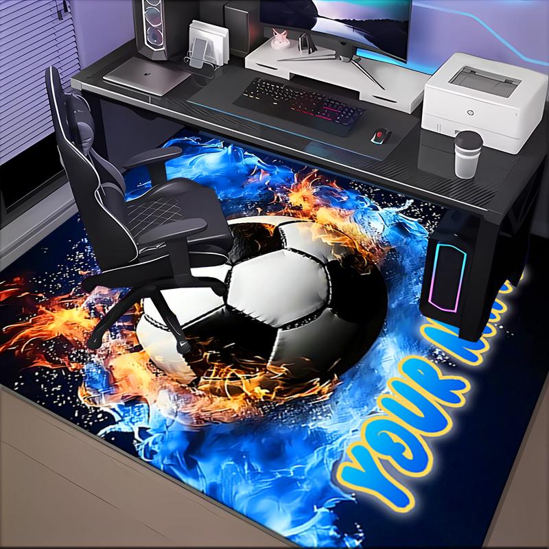 1PC Custom Name Soccer Fire Art Theme Floor Mat Ideal for Living Room, Game Rooms, Office, Bedroom,Floor Mat Playful Design