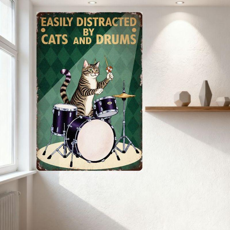 Vintage Distracted by Cats and Drums Metal Sign, Tabby Cat Playing Purple Drum Set, Rustic Wall Decor for Home Bar Pub Cafe, 8x1