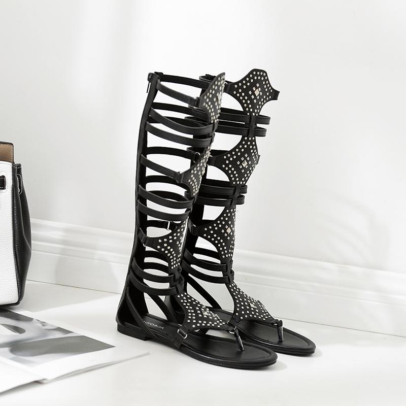 Roman Gladiator Sandals Women Knee High Sandals Small Rivets Adornment High Tong Cool Boots Hollow Out Shoes Summer of The Girls
