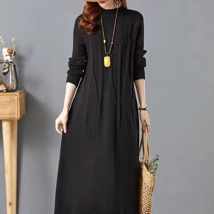 Knitted Dress for Women In Autumn and Winter Long Loose Solid Color Knee-length Sweater Dress Jacquard Half Turtleneck Sweater
