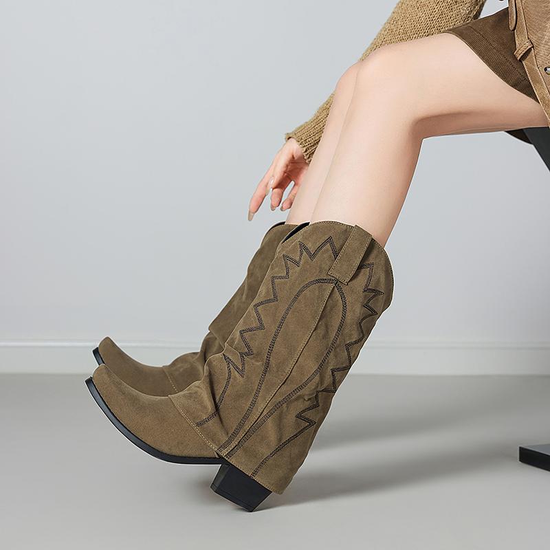 Women's Fold Over Wide Calf Cowboy Boots Embroidery Cowgirl Western Booties Mid Calf Pull On Comfortable Chunky Heels Shoes