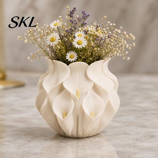 Three-dimensional Floral Vase 3D Printed Calla Lily Relief Vase, Mini Decorative for Dried Flowers, Minimalist Matte Preserved Flower Container White