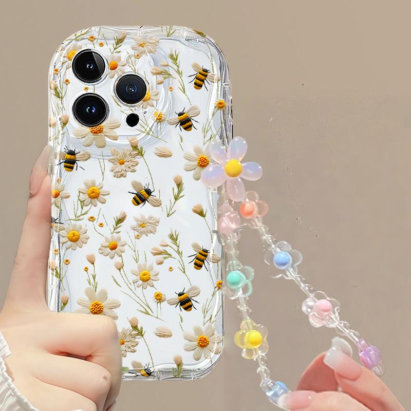 Clear Floral Leaf Chain Strap 3D Wave Case For IPhone 17 16 15 14 13 12 11 Pro Max 17 Pro 17 Air 16e 16 Plus 13 Mini Soft Cover