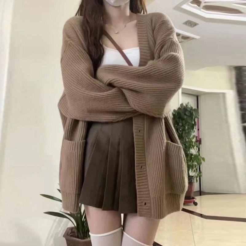 Damen-Pullover, mittellang, Strickjacke, V-Ausschnitt, lockere Strickjacke