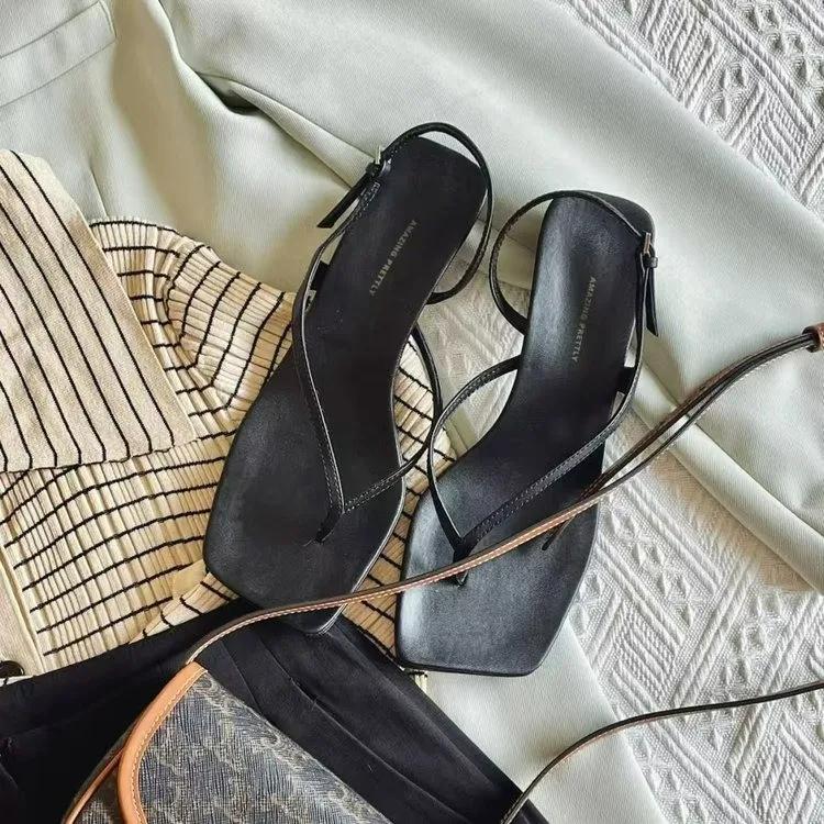 Fashion 2025 New French Fine Strap Square Head Design Sandals for Women's Summer Sexy Open Toe Clip Toe High Heel Shoes
