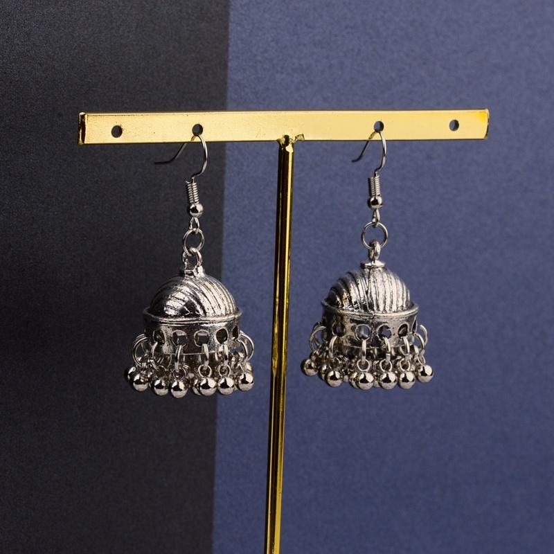 TopHanqi Retro Ethnic India Jhumka Jhumki Earrings Femme Antique Gold Color Carved Lotus Lantern Drop Earrings For Women Zircon