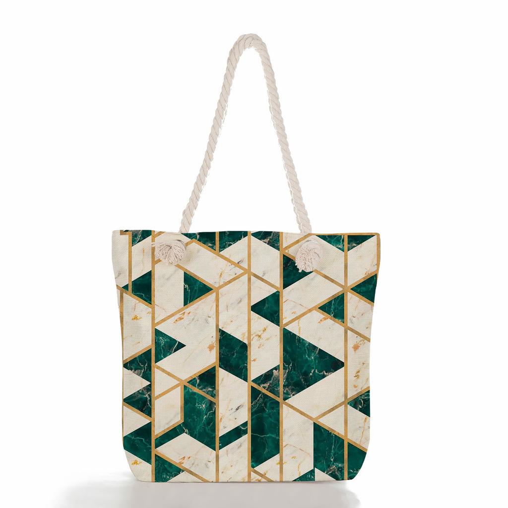 Multifunctional Geometric Shapes Printed Thick Rope Shoulder Beach Bag Casual Large Capacity Handbag 7591