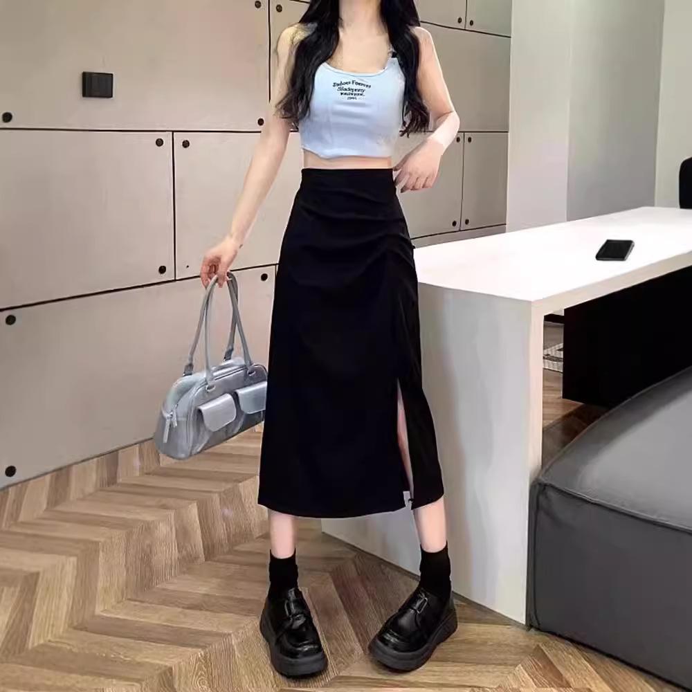 2024 Spring High-Waist Korean Style Slim Midi Skirt with Slit for Women