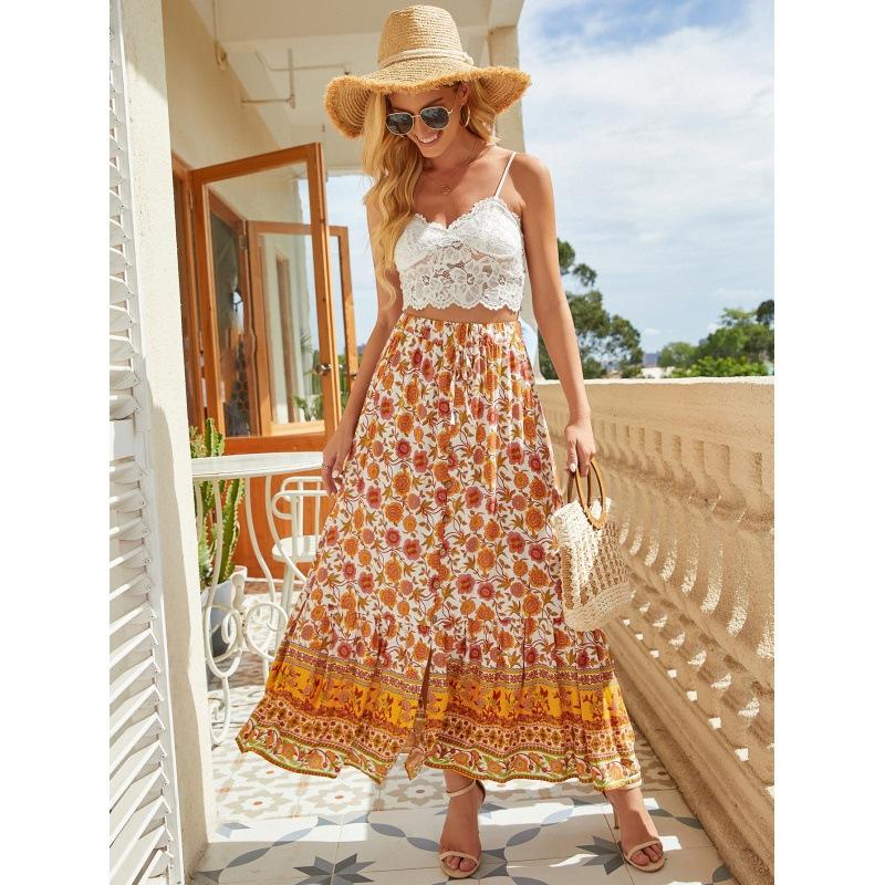 Women's Summer High Waist Printed Buckle Split Holiday Halter Skirt