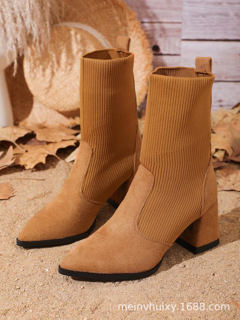 Pointed women's black thin boots women's new autumn and winter high-heeled short boots thick-heeled large-size women's boots