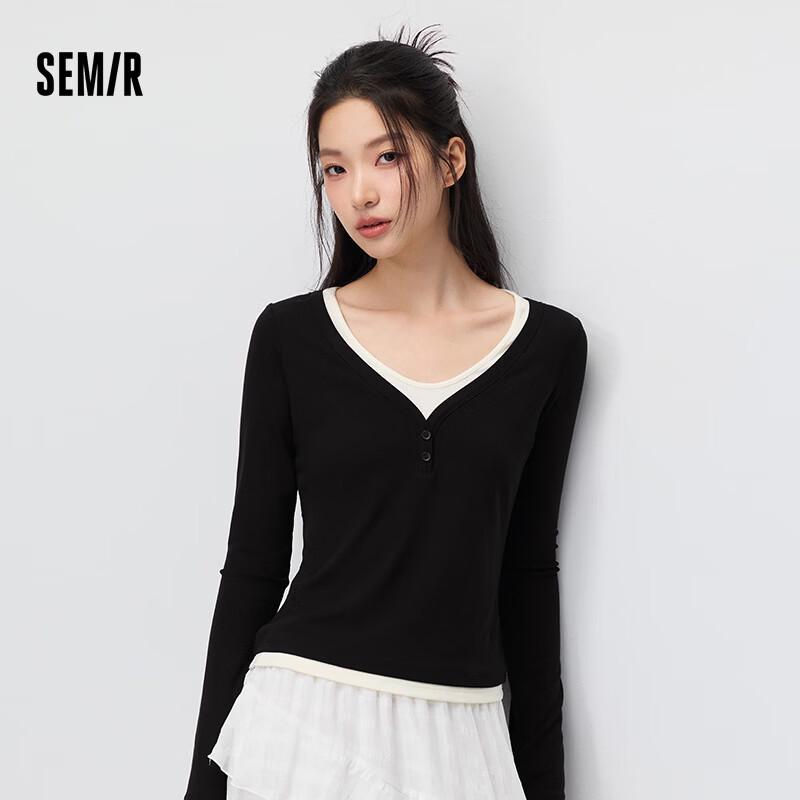 Semir Women s Fall 2026 V-Neck Colorblock Faux Two-Piece Slim Fit Long Sleeve Top XXXL