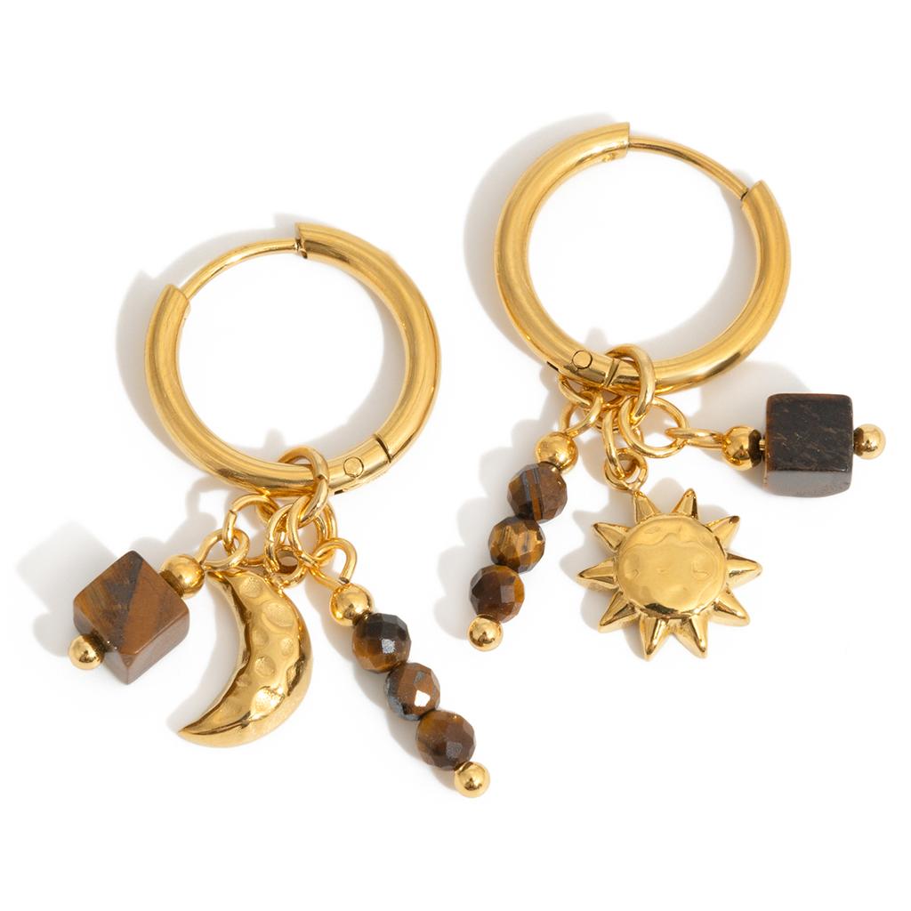 Youthway Vintage Tiger Eye Stone Drop Earrings For Women Asymmetric Moon Star Gold Plated Stainless Steel Earrings Jewelry