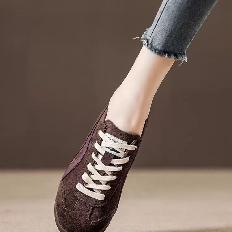 Casual Moral Training Shoes Spring and Autumn New Round Head Thick-soled Lace-up Color Matching Low-top Sports Board Shoes Brown Single
