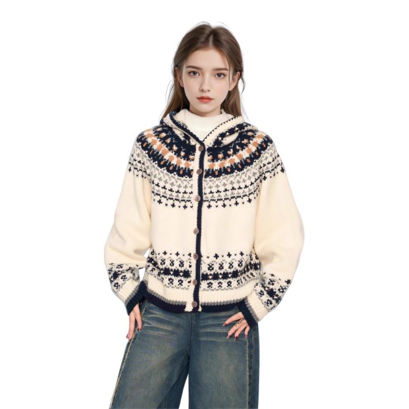 Fair Island Jacquard Hooded Knitted Sweater Women's Autumn and Winter Wear Loose Lazy Wind Thickened Top Cardigan Jacket