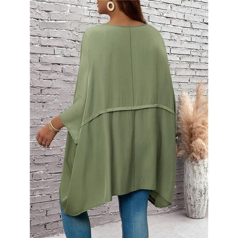 New Plus Size Women's Seven Quarter Sleeve Round Neck Top Made Of Polyester High Elasticity Loose Irregular T-shirt