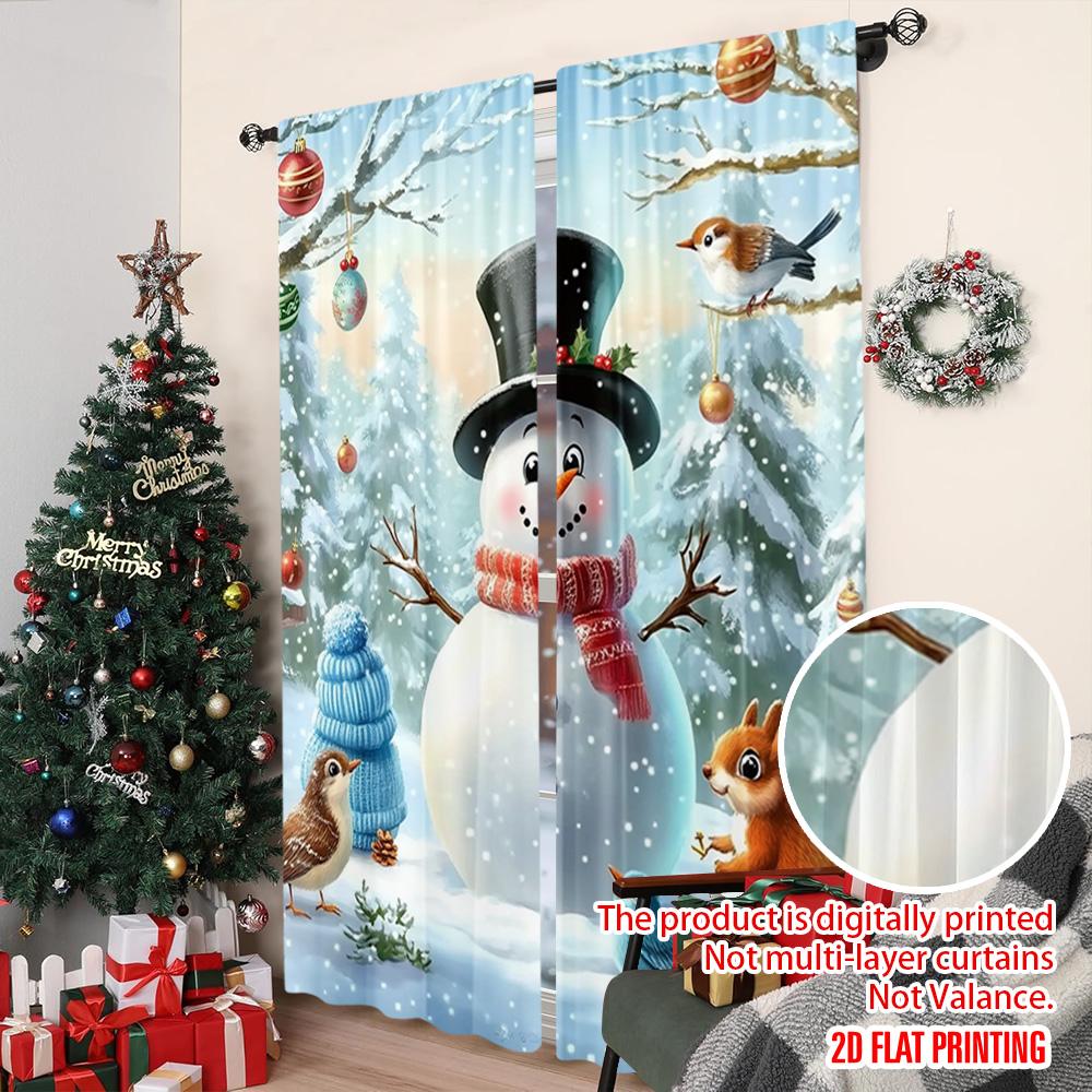 Set Of 2 Flat Printing Merry Christmas Curtains Winter Snowman Versatile Durable Polyester Without Electricity Festive Curtain