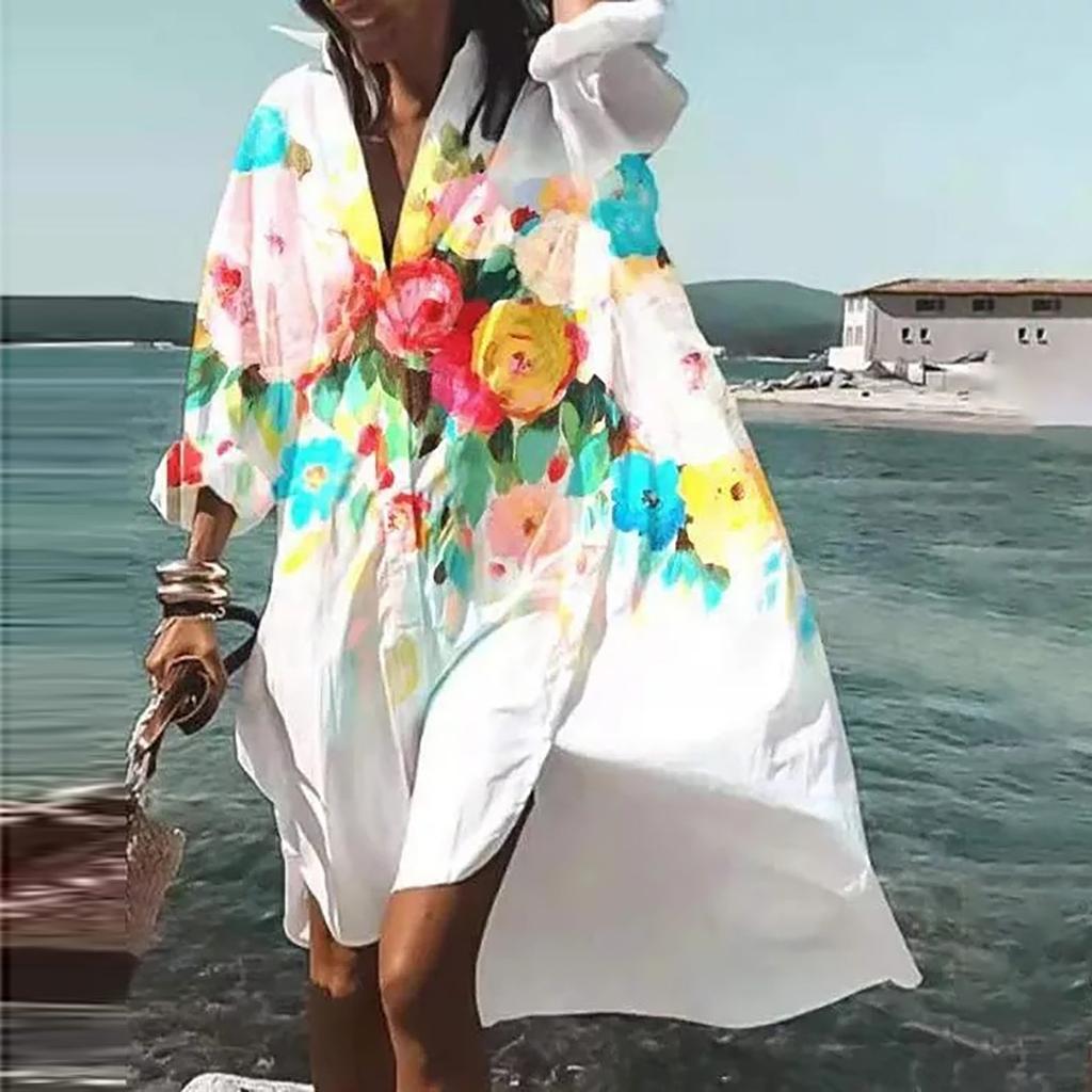 Fashion Women Floral Print Long Sleeves Buttons Cardigan Loose Shirt Dress