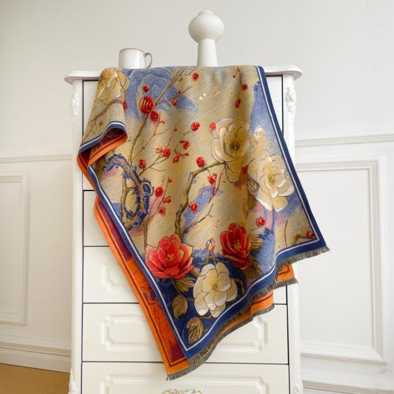 Ink painting, flower imitation cashmere printing scarf, new elegant women's warm scarf, fashionable retro shawl