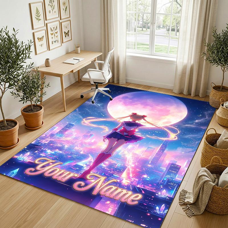 Personalized Crystal Velvet Carpet,Sailor Moon Custom Printed Name, Plush Area Rug For Home Indoor Decor