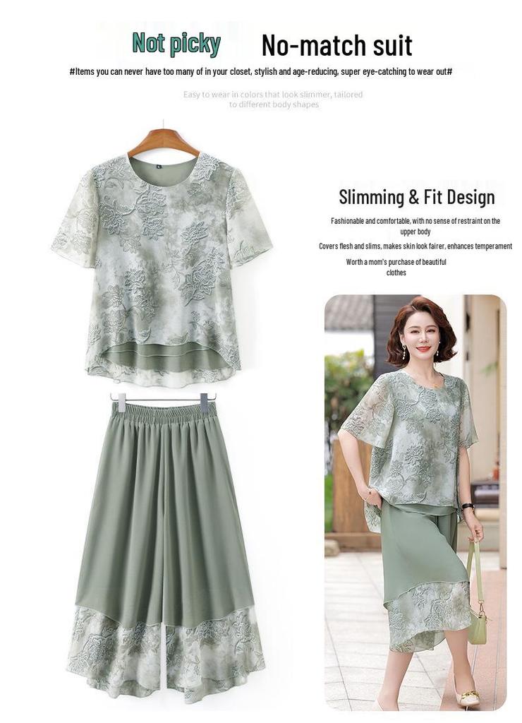 Chiffon Short-Sleeve Suit Set: Two-Piece Skirt and Pants for Stylish Middle-Aged Women.
