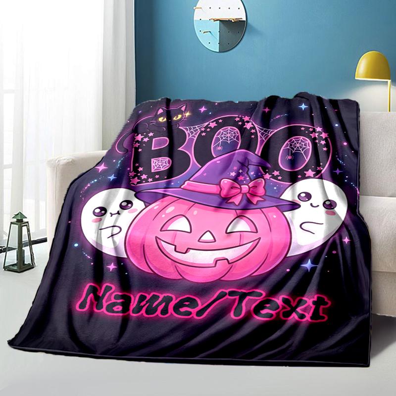 1PC Custom Name Halloween Boo Pumpkin Ghost Outdooor Flannel Blankets Throw Blanket All-Season Throw Gift Bedspread for Couch, Bed, Camping Holiday Bi