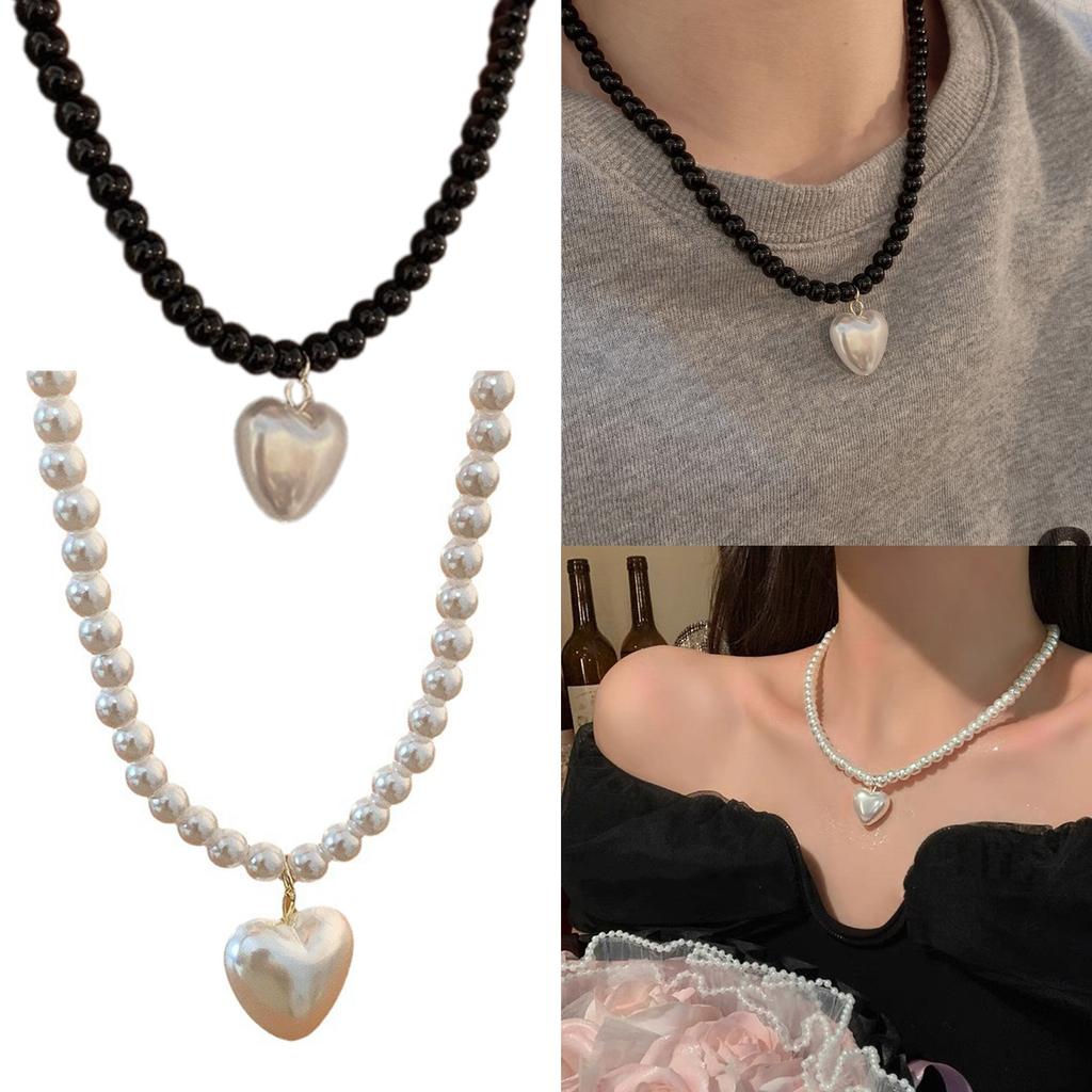 Elegant Heart Shaped Pendant Necklace Stylish Pearls Beaded Necklace with Love Heart Pendant for Gatherings Parties