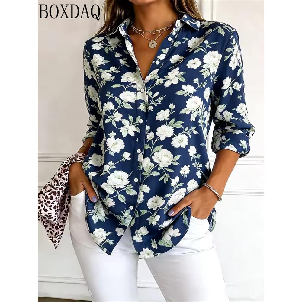 Vintage Flowers Pattern 3D Print Women Long Sleeve Shirts Autumn Women's Casual Daily Loose Button Holiday Shirt Women's Blouses