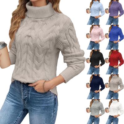 Suéter Feminino de Gola Alta Tricô de Cabo - Cor Sólida Oversized Grosso Quente Justo Manga Longa Pulôver