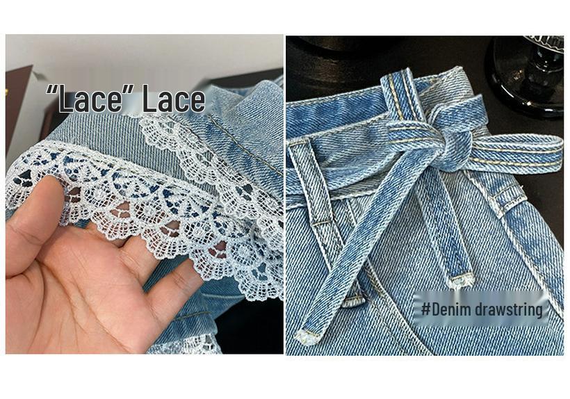 Plus Size Lace Trim High-Waist Denim Shorts - Women's Casual Loose A-Line Summer Pants