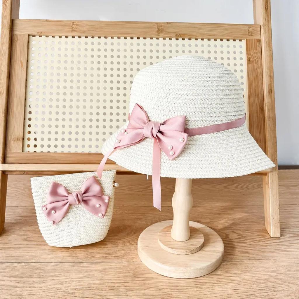 2er Set Stroh-Eimerhut und Tasche für kleine Mädchen, Kinder Sommerurlaub Fischerhüte Baby Prinzessin Schleife Lässig Strand Sonnenhut