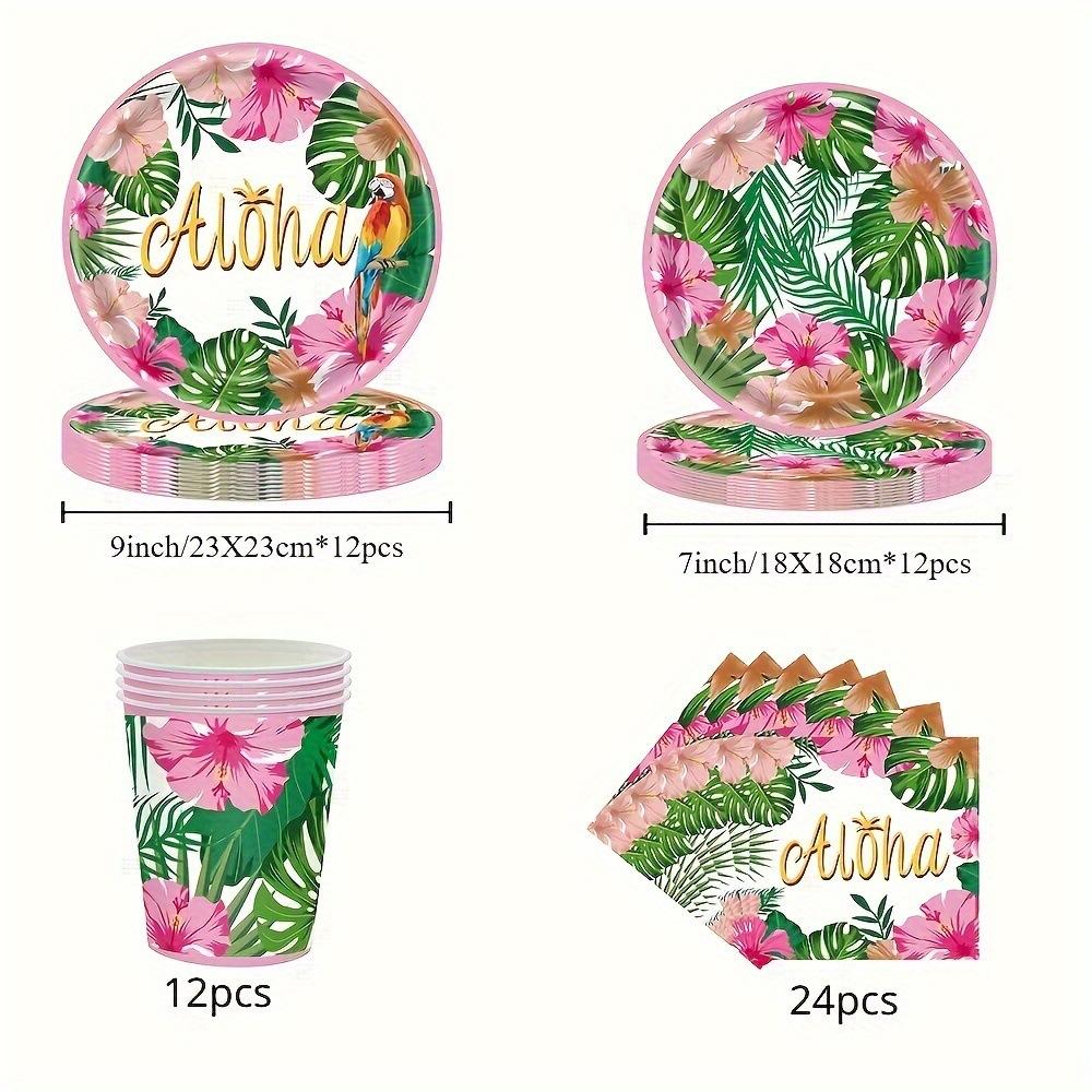 Pink Hawaiian Paper Cups Napkins Plates Tropical Luau Party Supplies Disposable Plates and Party Napkins Tropical Palm Leaf and Hibiscus Aloha
