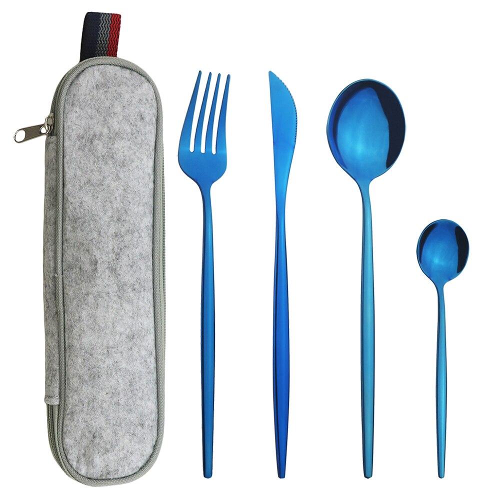 Mátově zelená zlatá sada nádobí Sada příborů na cesty, kemping, nůž, vidlička, lžíce, přenosná šedá taška, sada nádobí z nerezové oceli