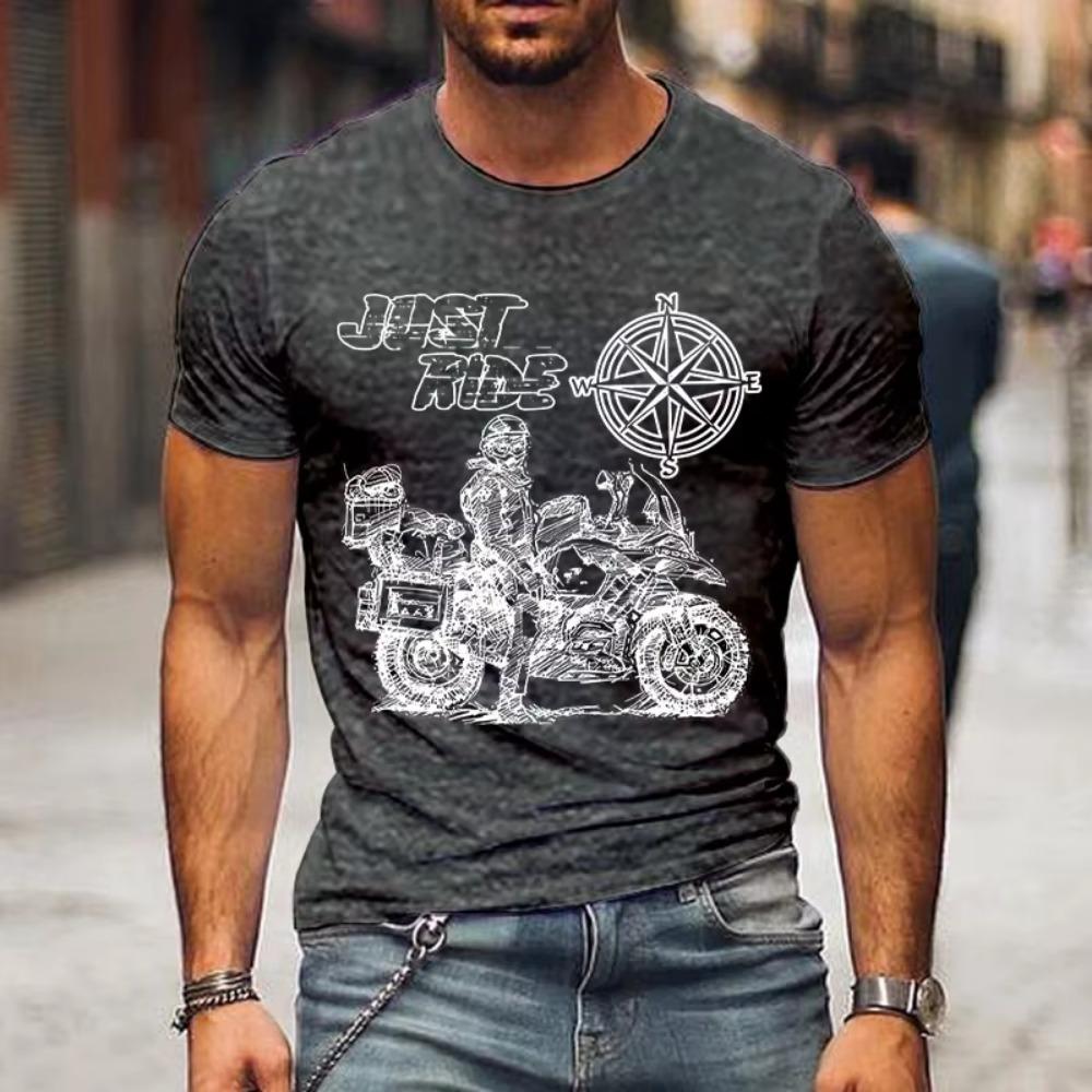 Fashion Summer T-shirts Just Ride Motorcycle with Compass Print Men's T-shirt Street Style Short Sleeve Men Tees
