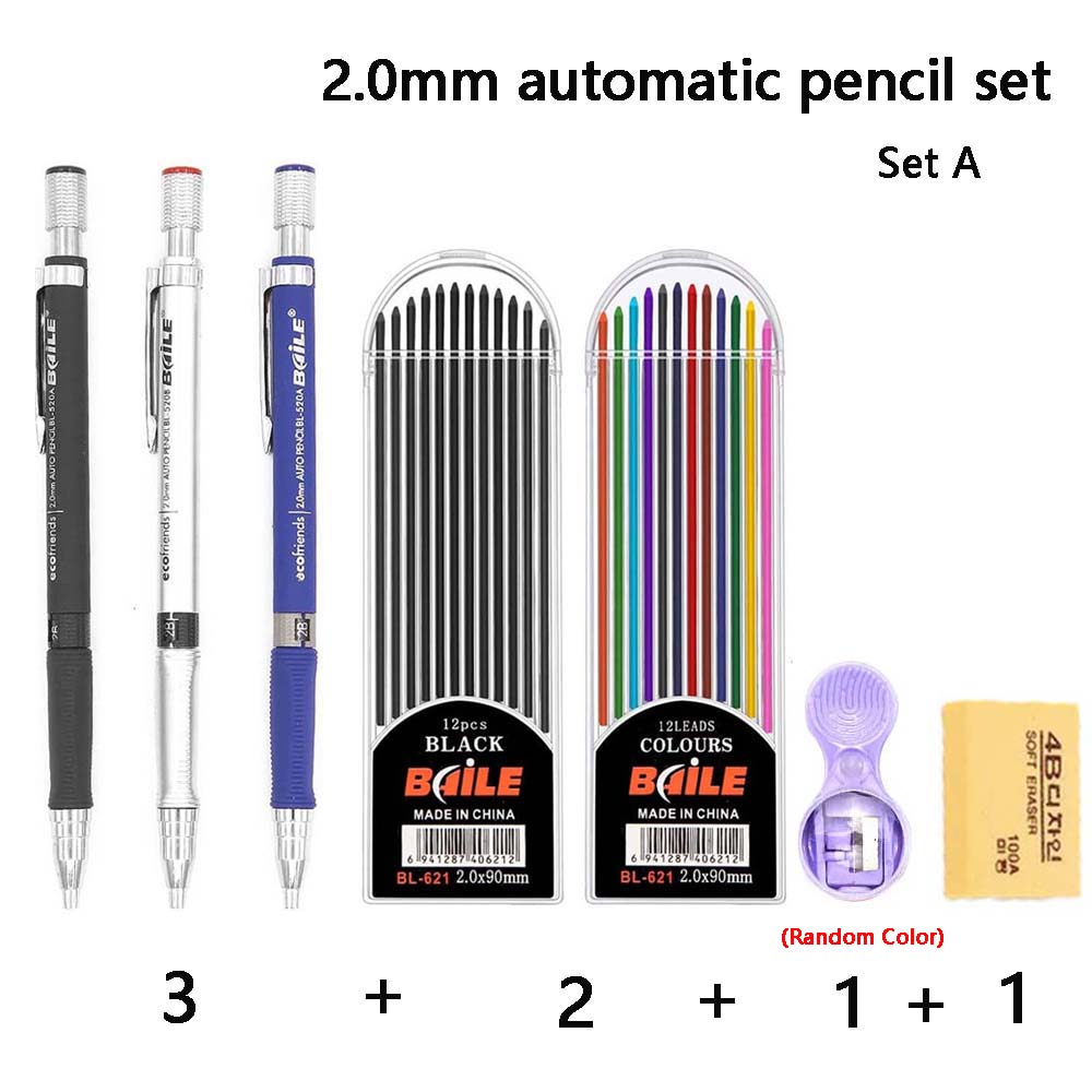 7 Pieces 2.0mm Mechanical Pencil Set with Pencil Sharpener Easy To Use, Suitable for Drawing, Office