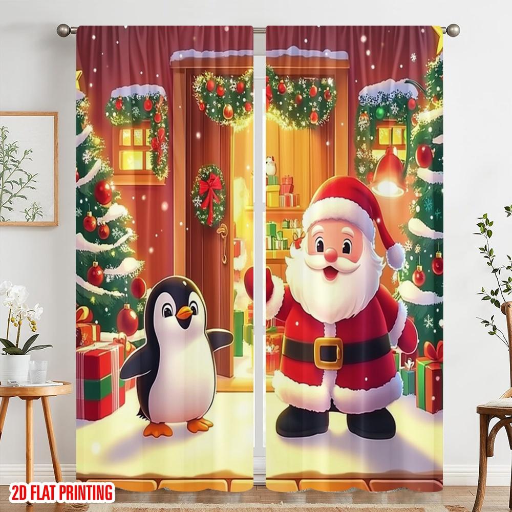 Set Of 2 Plane Printing Curtain Popular Merry Christmas Santa Penguin Door Polyester Woven Without Rod Decorations Outdoor