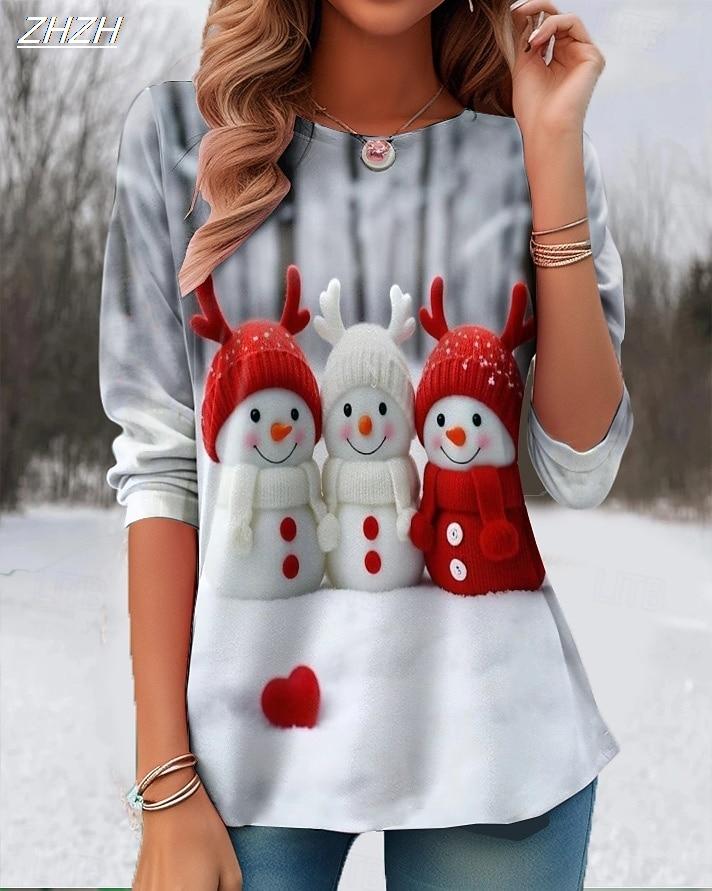 Women's Holiday Santa Print Top, 2025 Christmas Snowflake Long Sleeve T-Shirts, Festive Winter Wear, Seasonal Casual Style