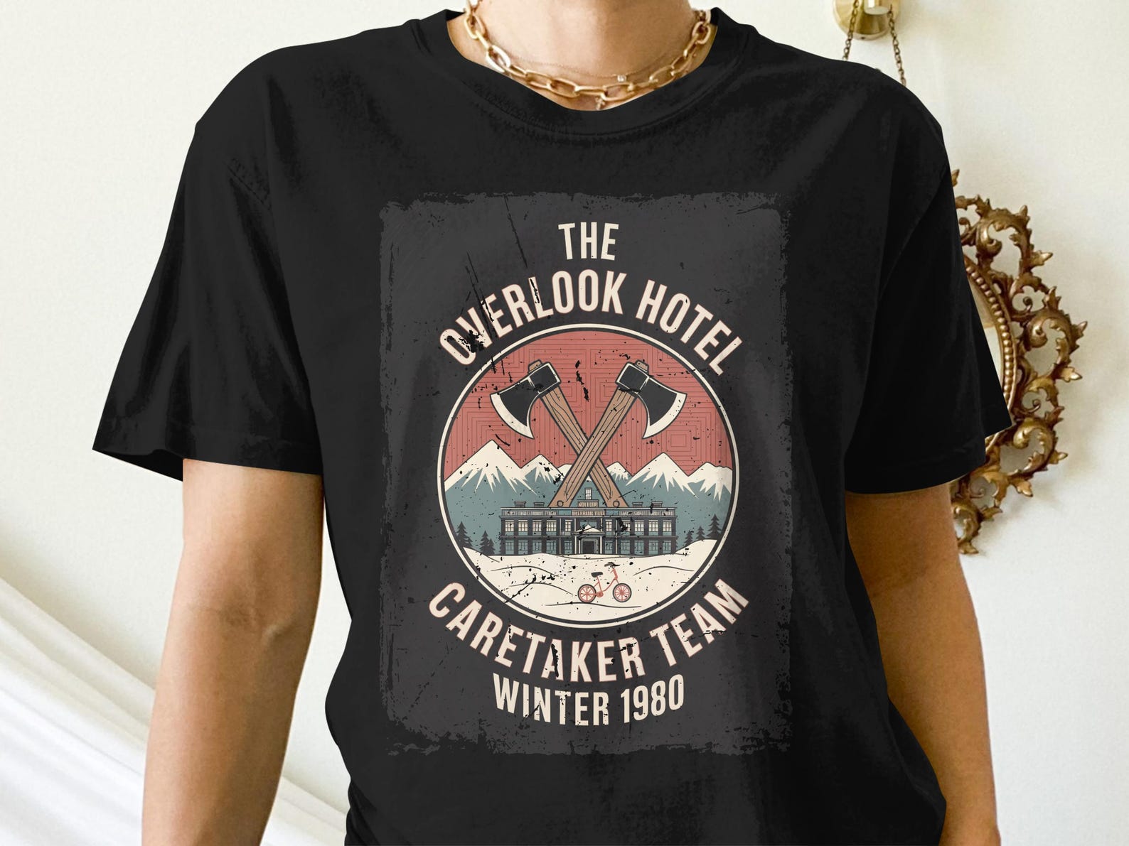 The Overlook Hotel T-Shirt, Caretaker Team Winter 1980 Tee, Horror Movie Fan Gift, Axe Design Shirt, Cult Classic Apparel L