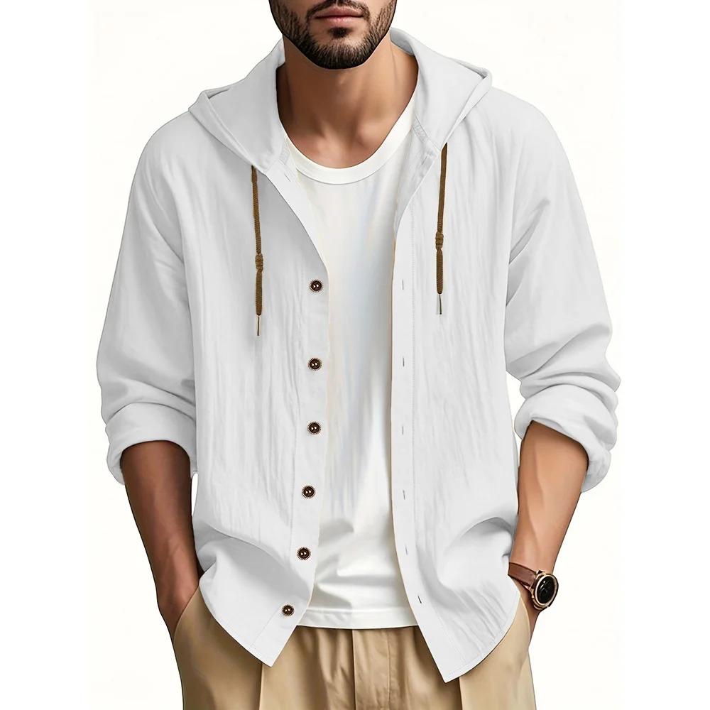 

Male Cotton-Linen Hooded Sweatshirt Autumn Essential Lightweight Pullover Breathable Casual Shirt Men s Streetwear Top for Vacation Comfort S белый