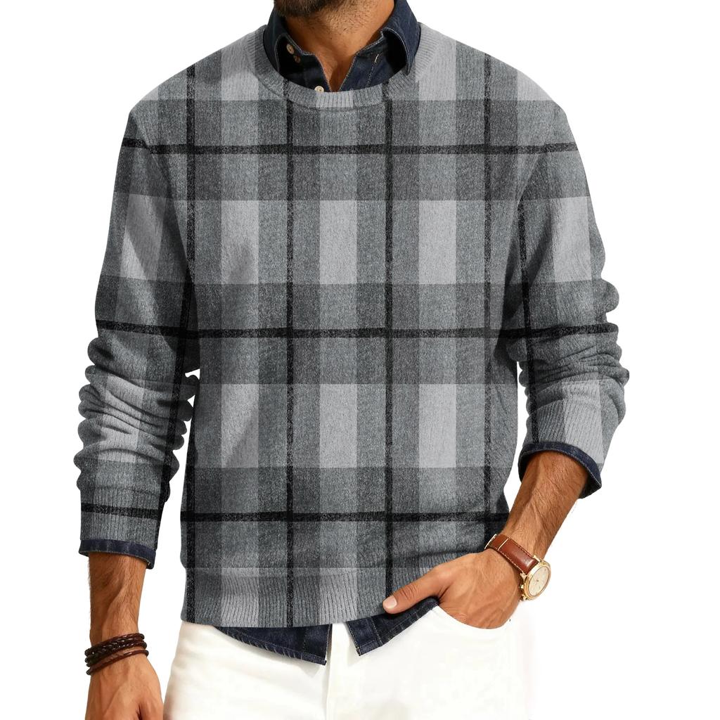 Męski sweter z okrągłym dekoltem, długim rękawem i prążkowanej dzianiny