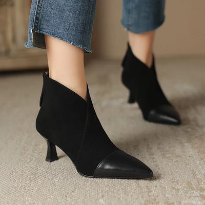 NOVAS Botas Femininas de Outono Sapatos de Couro Camurça de Ovelha para Mulheres Botas de Salto Fino Bico Fino Elegantes Botas de Cano Curto de Salto Alto Sapatos Diários