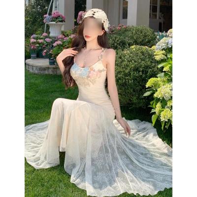 Seaside Spitzen-Trägerkleid Kleid Damen Sommer Meerjungfrauenkleid langes Kleid
