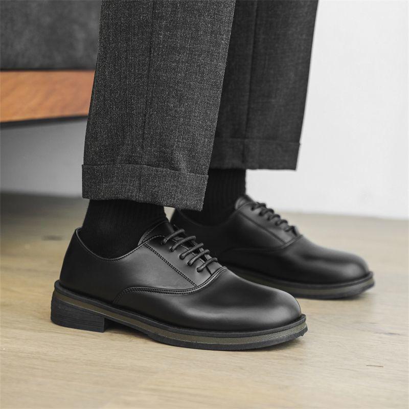 Men's Black Genuine Leather Derby Shoes - High-End, Round Toe, Formal/Casual, French/Japanese-Inspired.