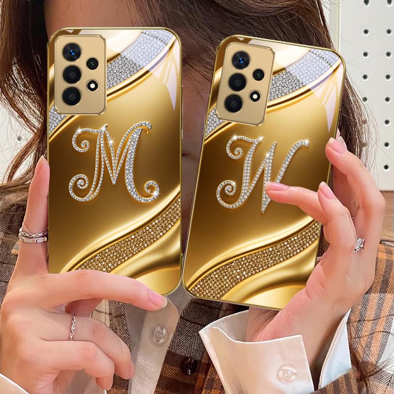 Gorgeous Letters "M W" For Samsung A73 A72 A71 A42 A56 A55 A54 A53 A52s A52 A51 A36 A35 A34 A33 A32 A16 Golden Glass Phone Case