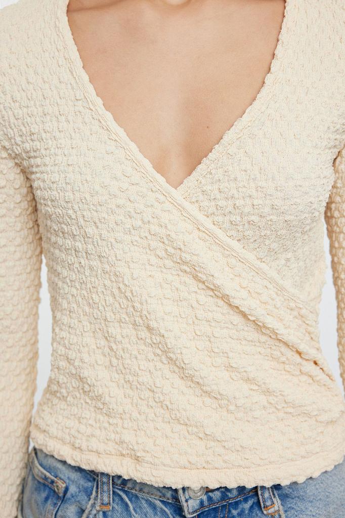 Women's Fashion Dark Beige Premium Textured Fabric Double Breasted Neck Regular Normal Fit Crop Knitted Blouse