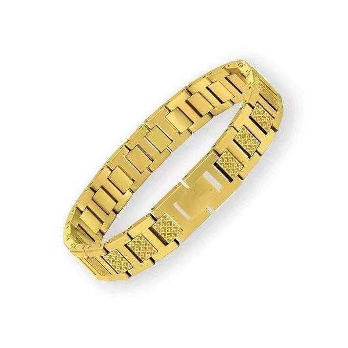 1pc Men's Stainless Steel Link Bracelet, Gold/Silver Tone Rhombus Pattern Wristband, Classic Business Style Jewelry for Daily We