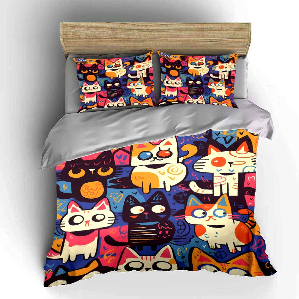 Colorful cats with hearts. Bedding sets Duvet cover sets Duvet covers Pillowcases(1 * Duvet Cover 2 * Pillowcases without duvet insert)