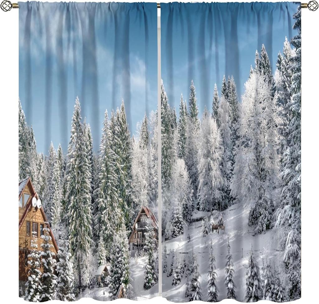 Winter Forest Curtain Natural Landscape Snow Covered Tree Window Curtains Living Room Bedroom Kitchen Office Cafe Blackout Polyester Ideal For Great