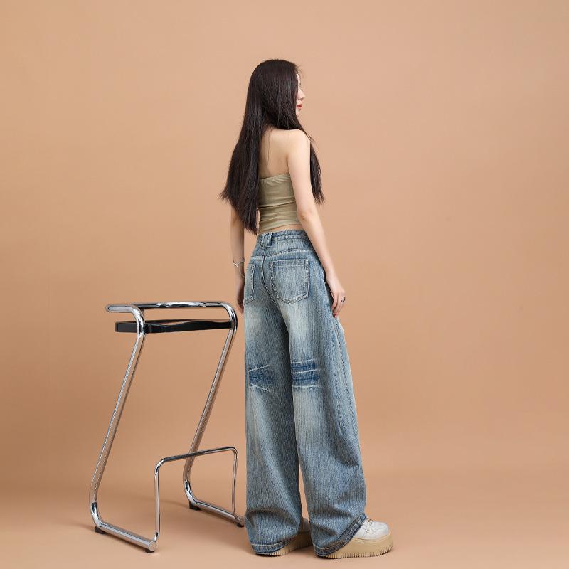 Vår Amerikansk Stil Parisblå Bambuknutmönster Nischdesignkänsla Sabelsbyxor Jeans Dam Slim Vida Ben